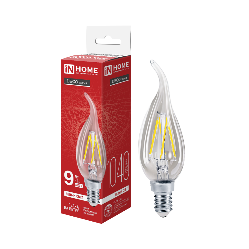 картинка Лампа светодиодная LED-СВЕЧА НА ВЕТРУ-deco 9Вт 230В Е14 4000К 1040Лм прозрачная IN HOME