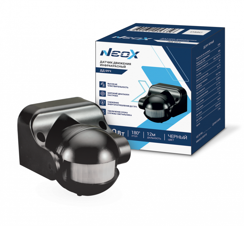 картинка Датчик движения инфракрасный ДД 09Ч 1200Вт 180 гр.12м IP44 черный NEOX