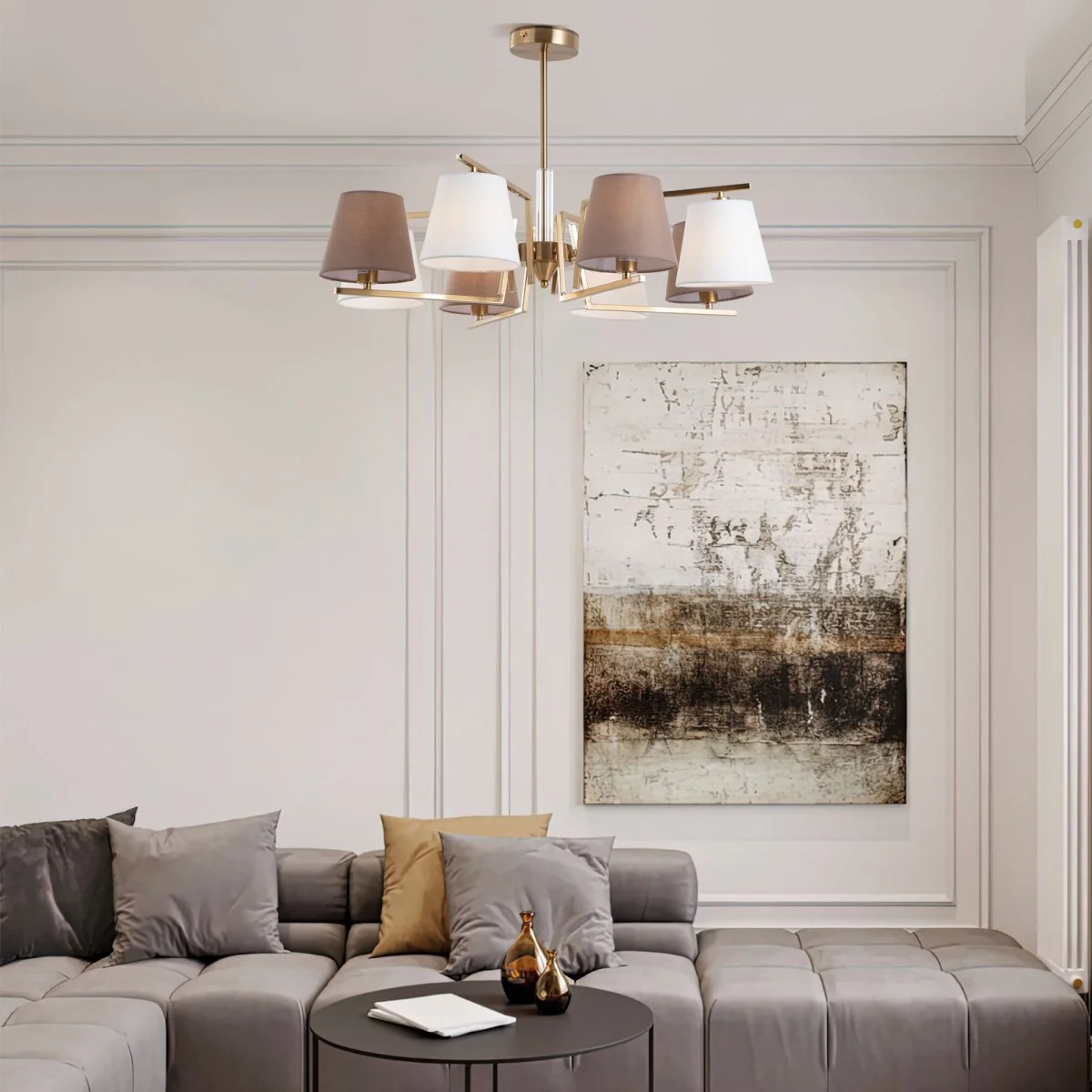 картинка Умная потолочная люстра с тканевыми абажурами 60149/8 латунь