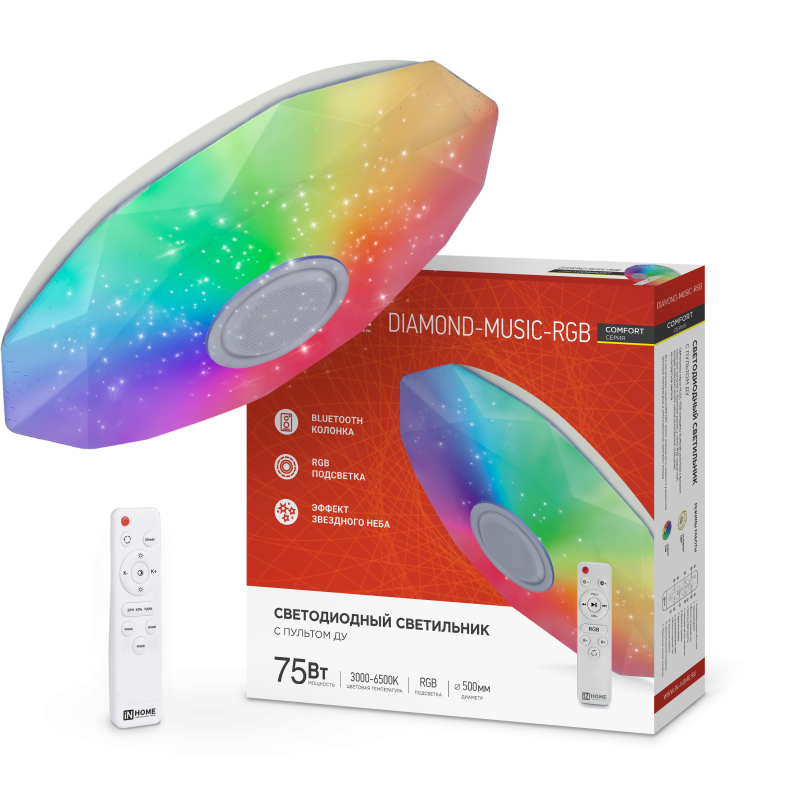 картинка Светильник светодиодный COMFORT DIAMOND-MUSIC-RGB 75Вт 230В 3000-6500K 6000Лм 500x100мм с пультом дистанционного управления IN HOME