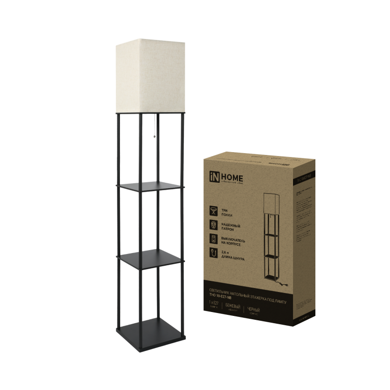 картинка Светильник напольный под лампу этажерка ТНО 10-Е27-NB бежевый абажур, черный корпус IN HOME