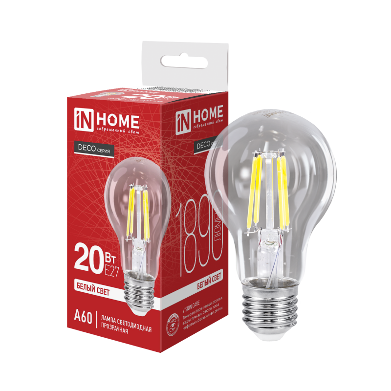 картинка Лампа светодиодная LED-A60-deco 20Вт 230В Е27 4000К 1890Лм прозрачная IN HOME