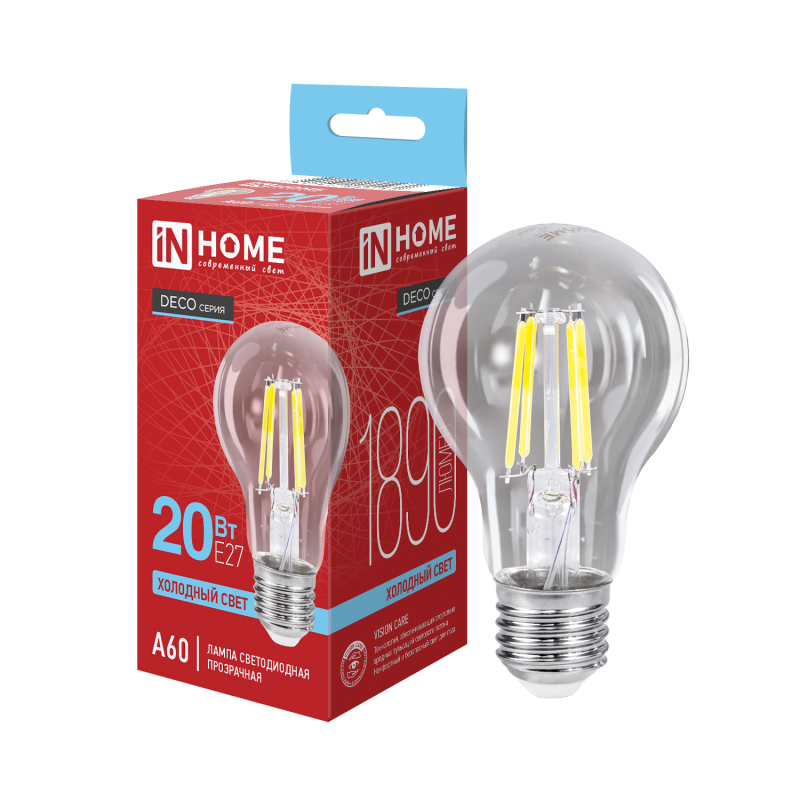 картинка Лампа светодиодная LED-A60-deco 20Вт 230В Е27 6500К 1890Лм прозрачная IN HOME