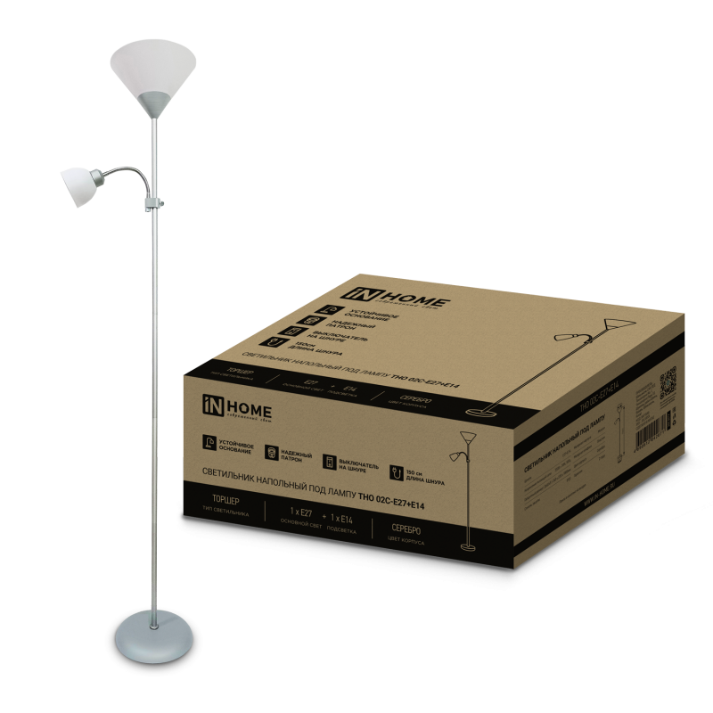 картинка Светильник напольный под лампу ТНО 02-Е27+Е14С 230В белый плафон, серебряный корпус IN HOME