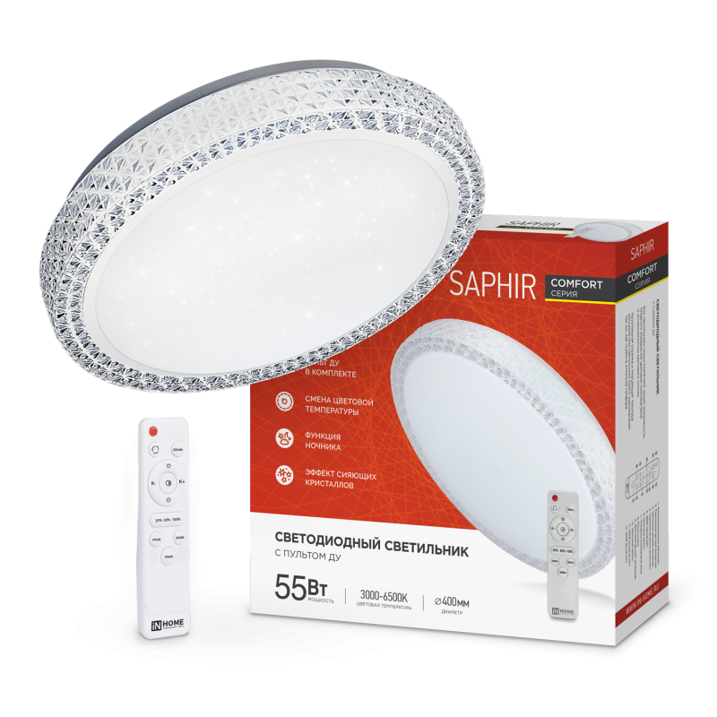 картинка Светильник светодиодный COMFORT SAPHIR 55Вт 230В 3000-6500K 4400Лм 395x105мм с пультом ДУ IN HOME