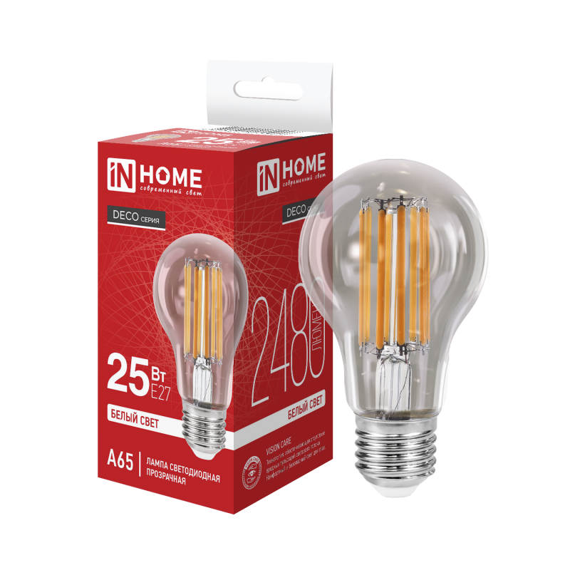 картинка Лампа светодиодная LED-A65-deco 25Вт 230В Е27 4000К 2480Лм прозрачная IN HOME