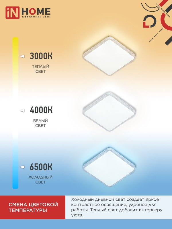 картинка Светильник светодиодный COMFORT MYSTERY КВАДРАТ 125Вт 230В 3000-6500K 10000Лм 550x80мм с пультом ДУ IN HOME