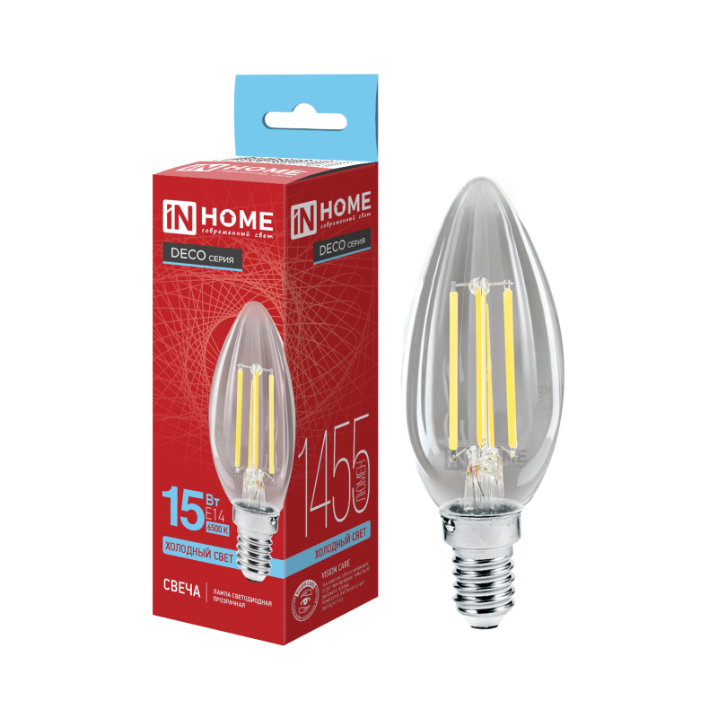 картинка Лампа светодиодная LED-СВЕЧА-deco 15Вт 230В Е14 6500К 1455Лм прозрачная IN HOME