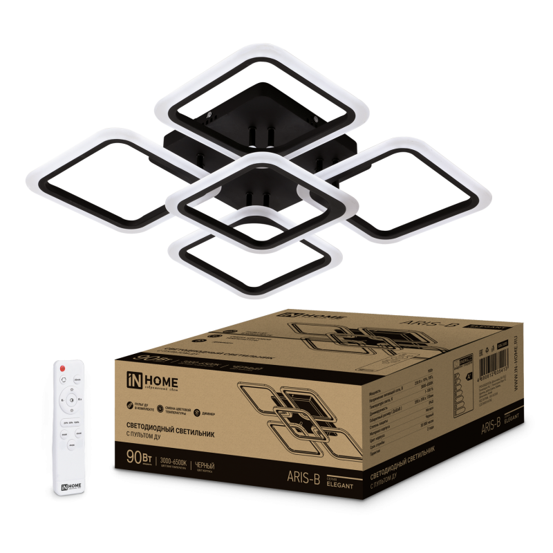 картинка Светильник светодиодный ELEGANT ARIS-B 90Вт 230В 3000-6500K 590х590х130мм c пультом ДУ черный IN HOME