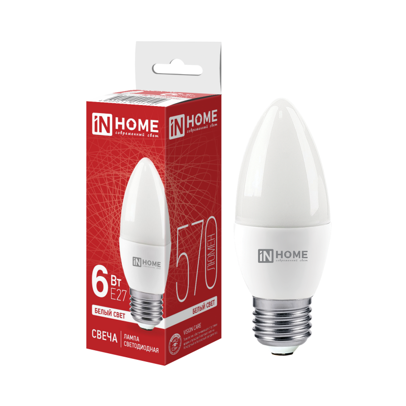 картинка Лампа светодиодная LED-СВЕЧА-VC 6Вт 230В Е27 4000К 570Лм IN HOME