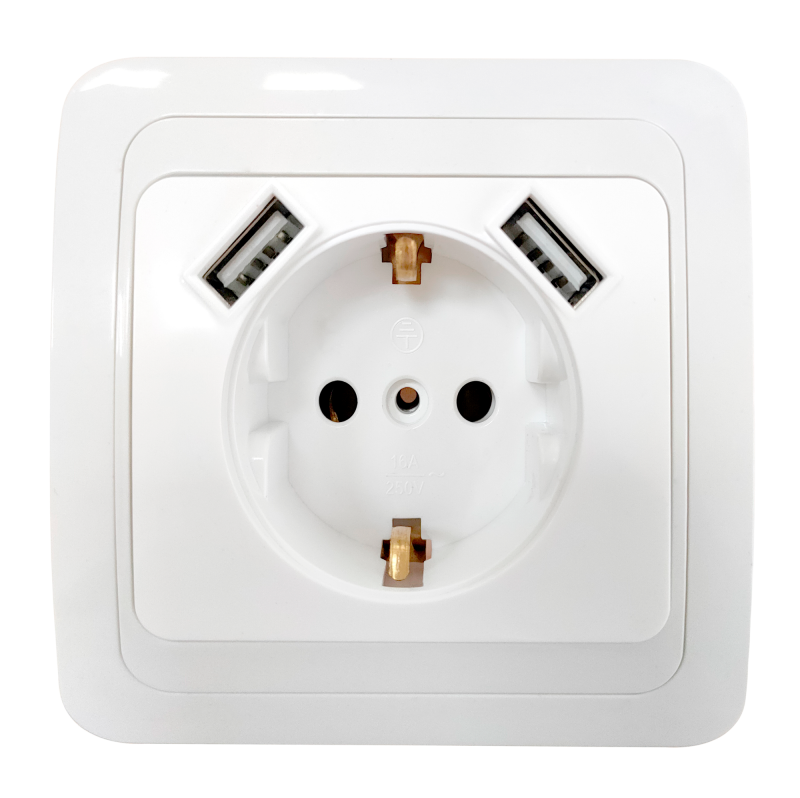 картинка Розетка одинарная с заземлением CLASSICO с двумя USB белая 2047 IN HOME
