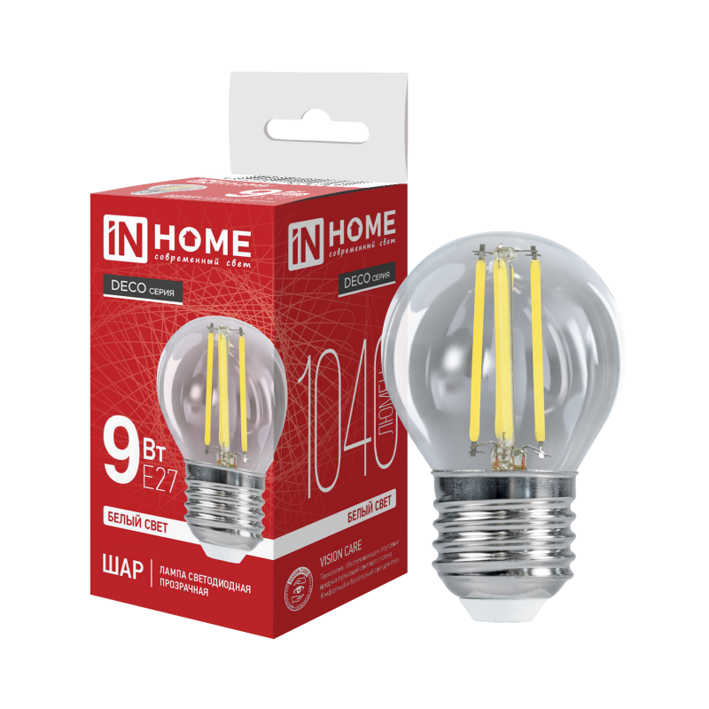 картинка Лампа светодиодная LED-ШАР-deco 9Вт 230В Е27 4000К 1040Лм прозрачная IN HOME