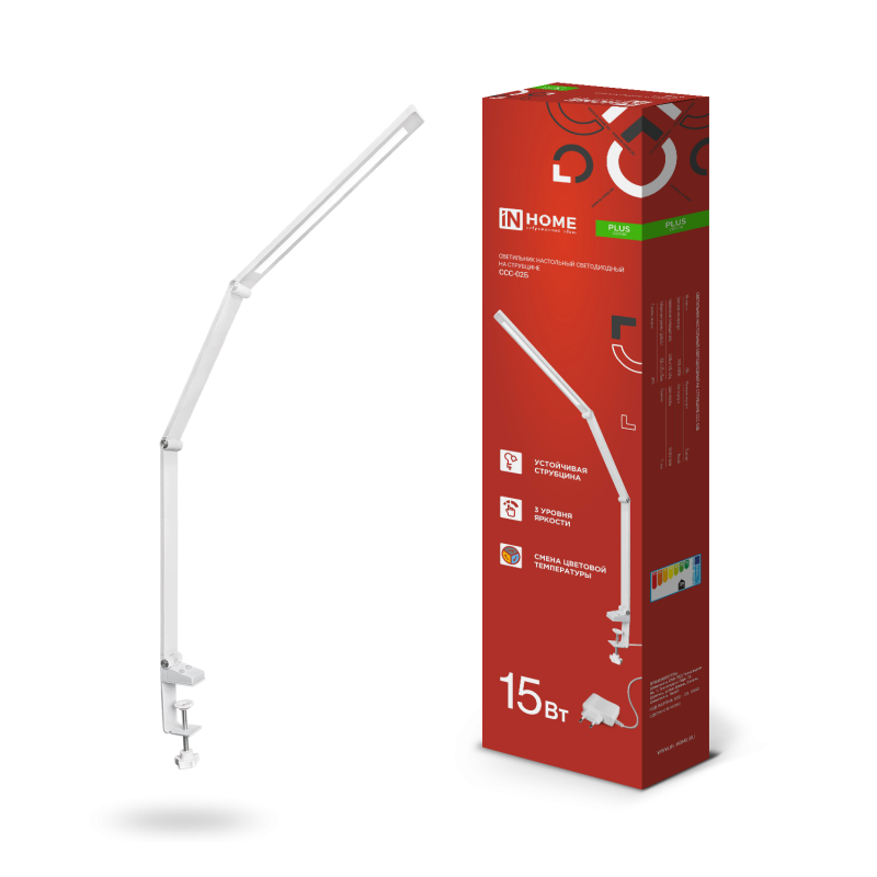 картинка Светильник настольный светодиодный PLUS ССС-02Б 15Вт 3000-6500К 600Лм USB, с адаптером, струбцина БЕЛЫЙ IN HOME