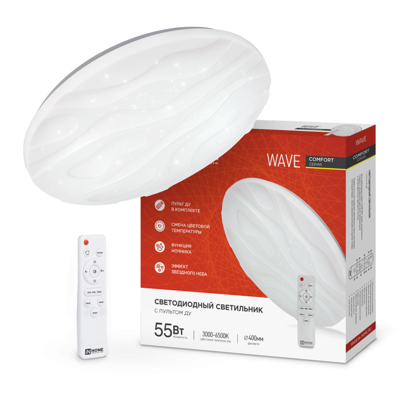 картинка Светильник светодиодный COMFORT WAVE 55Вт 230В 3000-6500K 4400Лм 400x75мм с пультом ДУ IN HOME