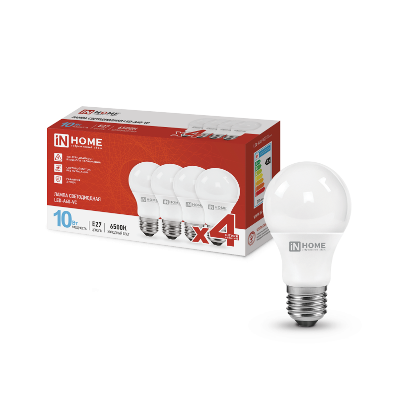 картинка Лампа светодиодная LED-A60-VC 4PACK 10Вт 230В Е27 6500К 950Лм (4шт./упак) IN HOME