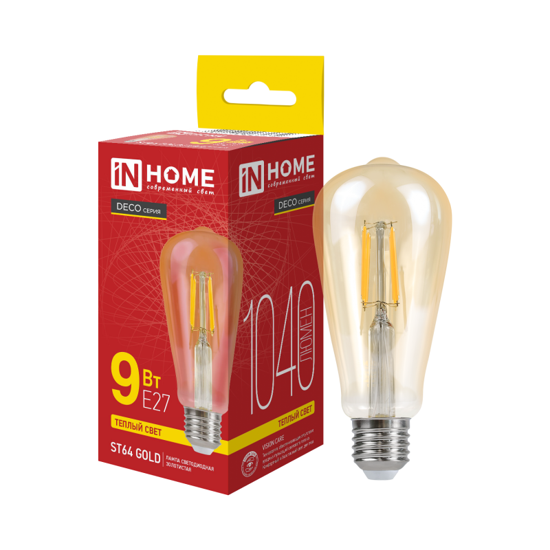 картинка Лампа светодиодная LED-ST64-deco gold 9Вт 230В Е27 3000К 1040Лм золотистая IN HOME