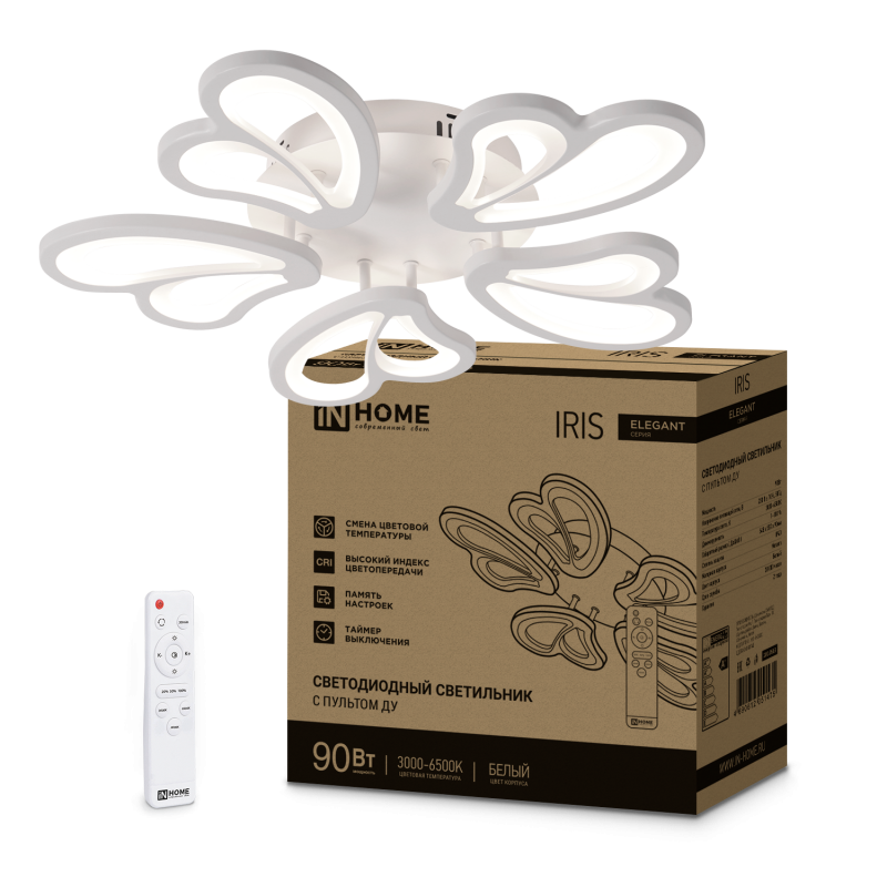 картинка Светильник светодиодный ELEGANT IRIS 90Вт 230В 3000-6500K 550х525х85мм c пультом ДУ белый IN HOME