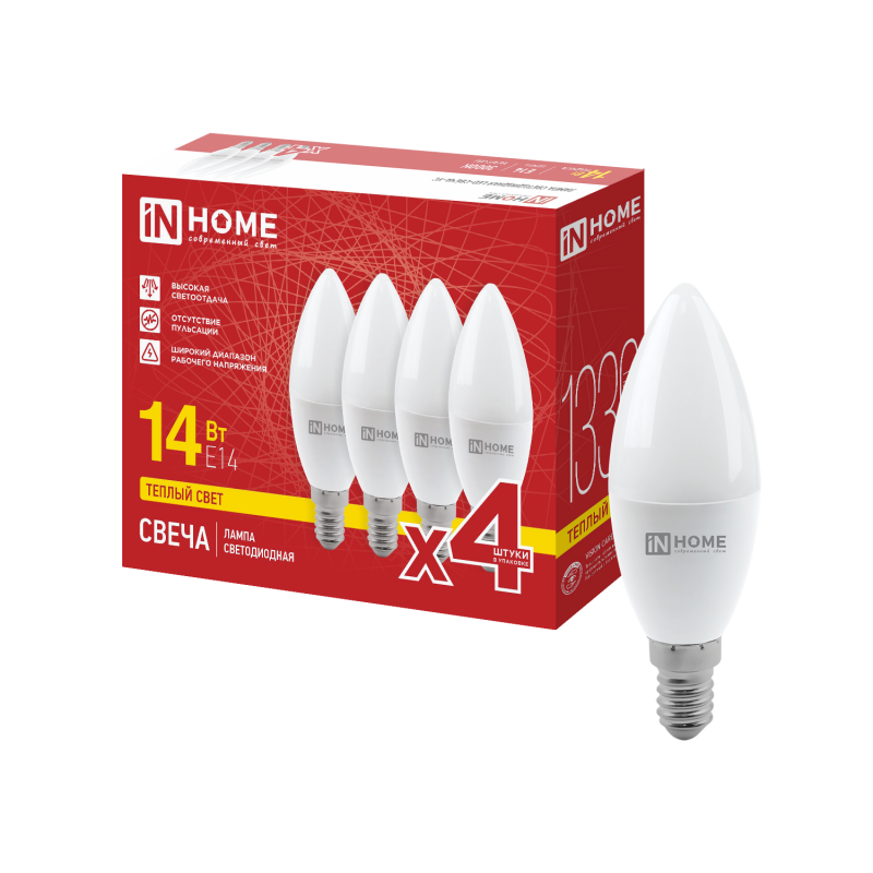 картинка Лампа светодиодная LED-СВЕЧА-VC 4PACK 14Вт 230В Е14 3000К 1330Лм (4шт./упак) IN HOME
