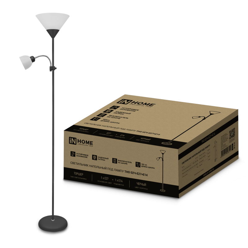 картинка Светильник напольный под лампу ТНО 02-Е27+Е14Ч 230В белый плафон, черный корпус IN HOME
