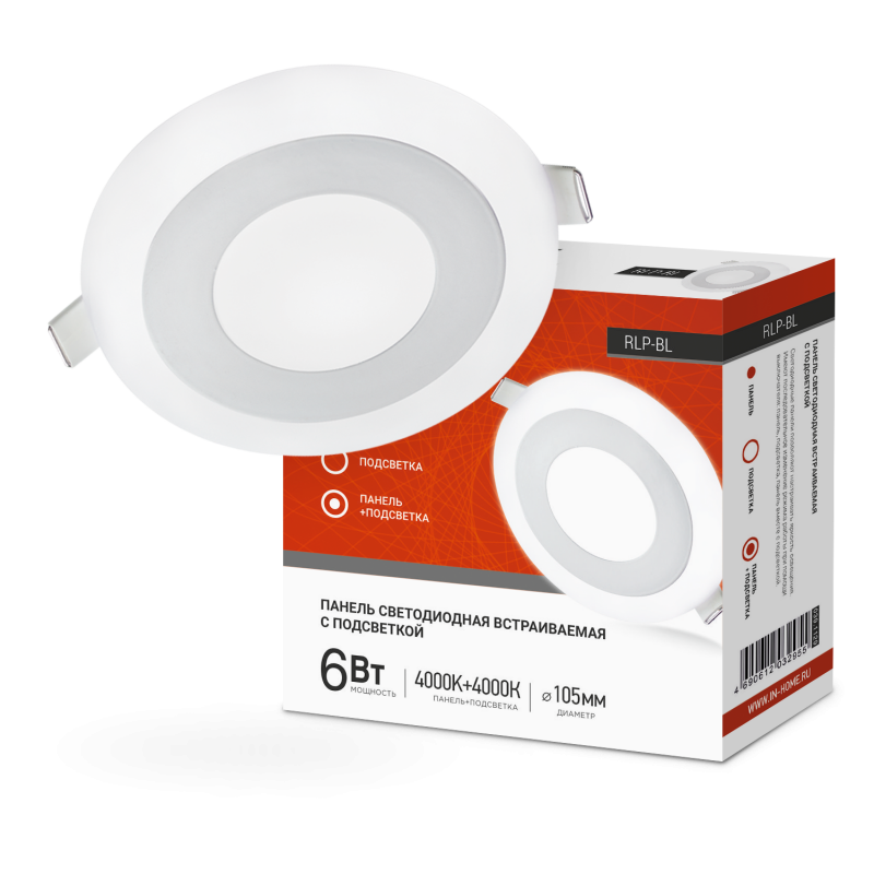 картинка Панель светодиодная встраиваемая круглая RLP-BL 6Вт 230В 4000К 350Лм 105мм с подсветкой белая IP20 IN HOME