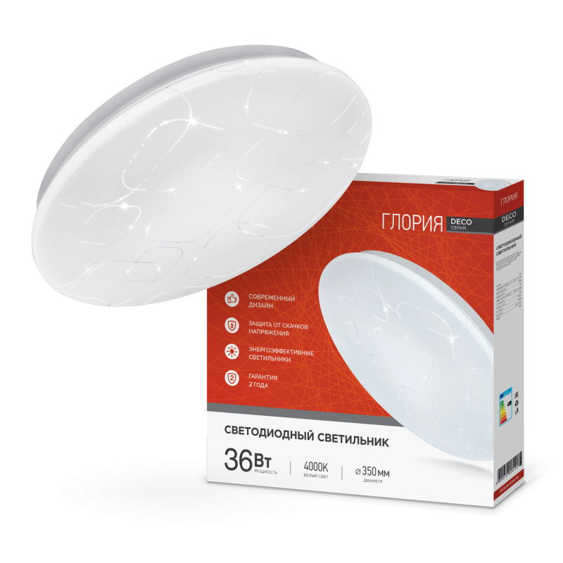 картинка Светильник светодиодный серии DECO ГЛОРИЯ 36Вт 230В 4000К 3240Лм 380х55мм IN HOME