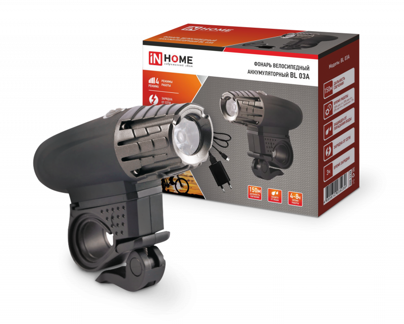 картинка Фонарь велосипедный аккумуляторный BL 03А 3W LED 300Lm 4 режима с з/у 220В ЧЕРНЫЙ IN HOME
