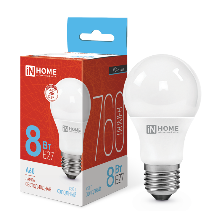 картинка Лампа светодиодная LED-A60-VC 8Вт 230В Е27 6500К 760Лм IN HOME
