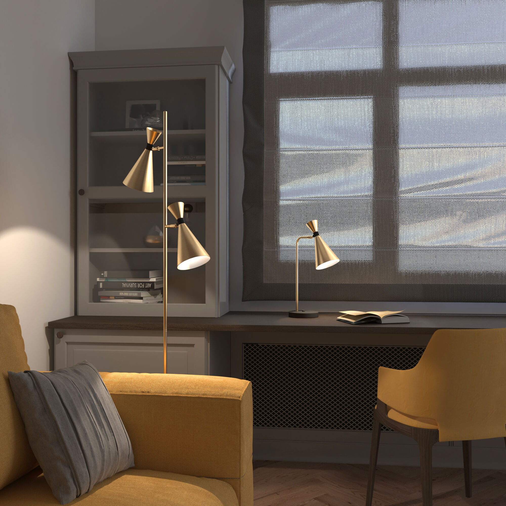 картинка Торшер с поворотными плафонами 01109/2 латунь  / Черный