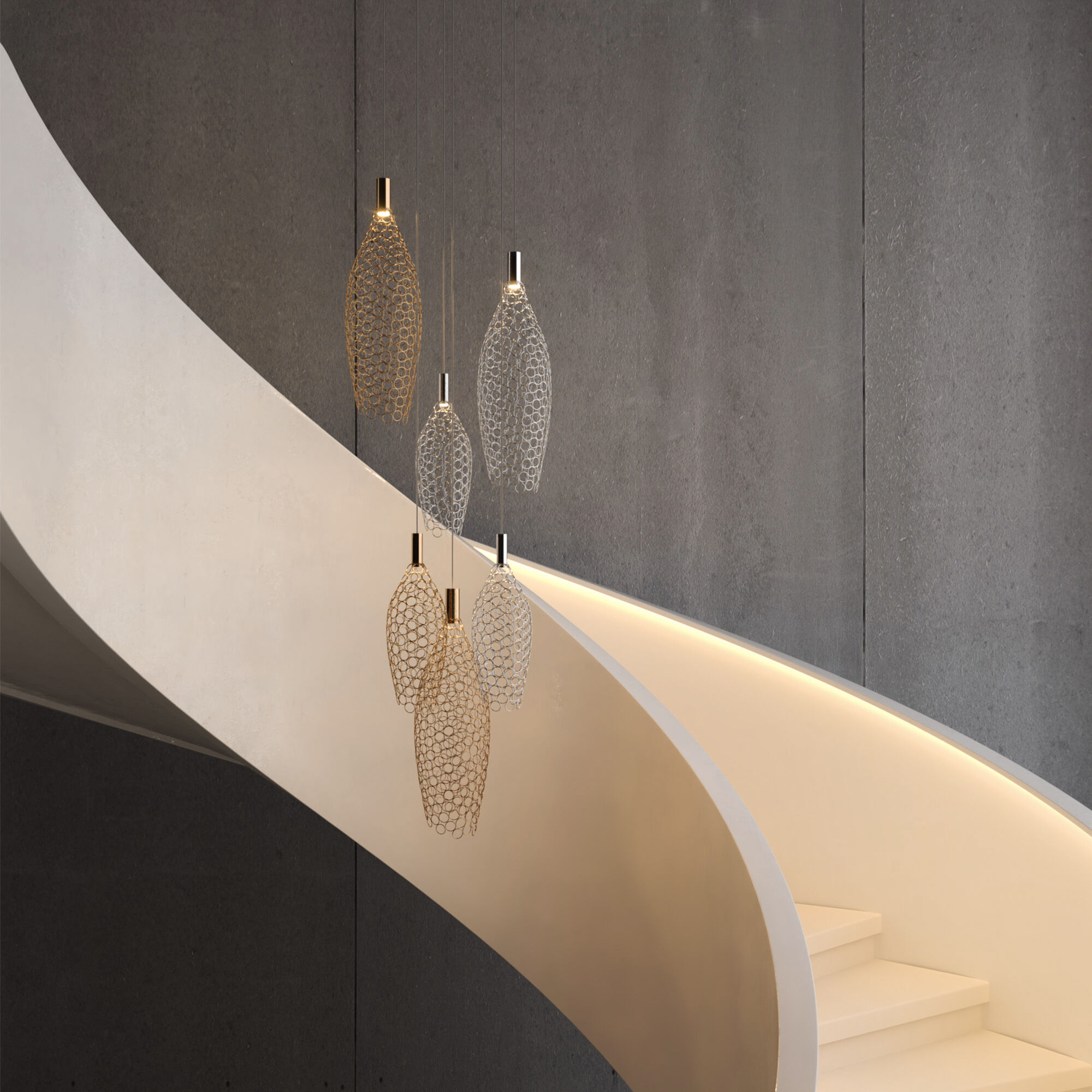 картинка Подвесной светодиодный светильник с металлическими плафонами 90352/6 золото/хром