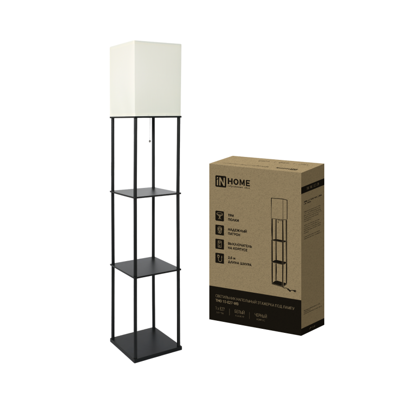 картинка Светильник напольный этажерка ТНО 10USB-Е27-WB USB-C розетка, белый абажур, черный корпус IN HOME