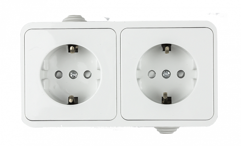 картинка Розетка двойная с заземлением со шторкой AQUA белая полугерметичная 3123 IN HOME