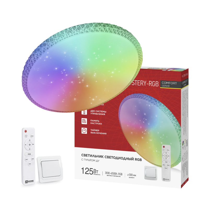 картинка Светильник светодиодный COMFORT MYSTERY-RGB 125Вт 230В 3000-6500K 10000Лм 500x80мм с пультом ДУ IN HOME