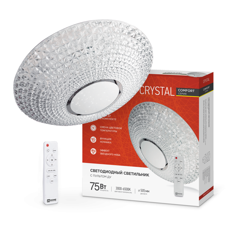 картинка Светильник светодиодный COMFORT CRYSTAL 75Вт 230В 3000-6500K 6000Лм 500x115мм с пультом ДУ IN HOME