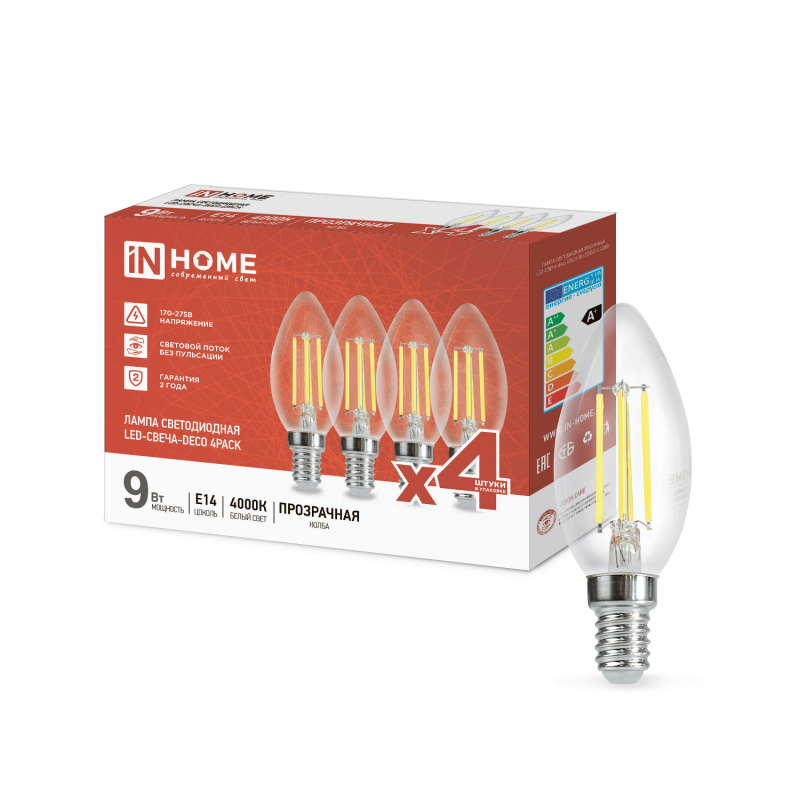 картинка Лампа светодиодная LED-СВЕЧА-deco 4PACK 9Вт 230В Е14 4000К 1040Лм (4шт./упак) прозрачная IN HOME
