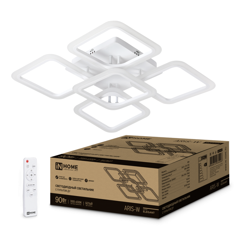 картинка Светильник светодиодный ELEGANT ARIS-W 90Вт 230В 3000-6500K 590х590х130мм c пультом ДУ белый IN HOME