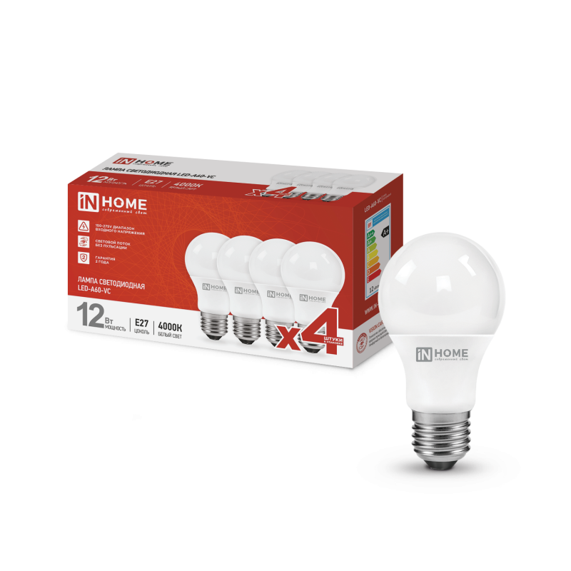 картинка Лампа светодиодная LED-A60-VC 4PACK 12Вт 230В Е27 4000К 1140Лм (4шт./упак) IN HOME