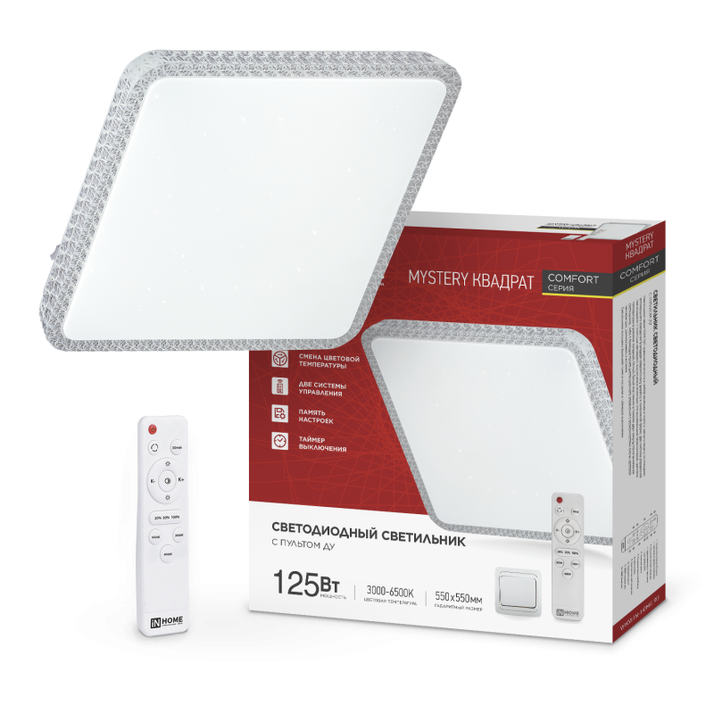 картинка Светильник светодиодный COMFORT MYSTERY КВАДРАТ 125Вт 230В 3000-6500K 10000Лм 550x80мм с пультом ДУ IN HOME