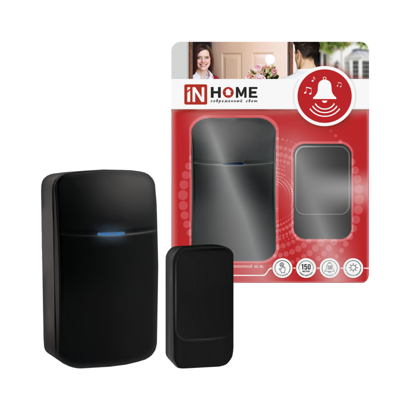 картинка Звонок беспроводной KD-BL 38 мелодий с вилкой 230В с подсветкой с пьезокнопкой 150м черный IN HOME