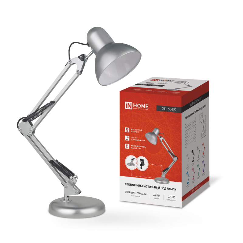 картинка Светильник настольный под лампу на основании + струбцина СНО 15С-E27 230В СЕРЕБРО IN HOME
