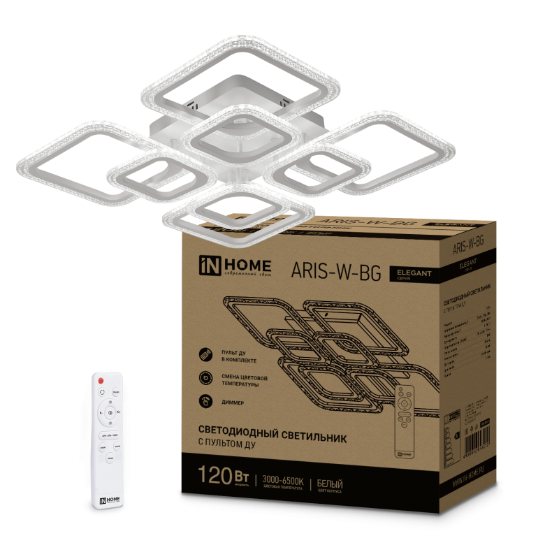 картинка Светильник светодиодный ELEGANT ARIS-W-BG 120Вт 230В 3000-6500K 8400Лм 585х585х115мм пульт ДУ белый IN HOME