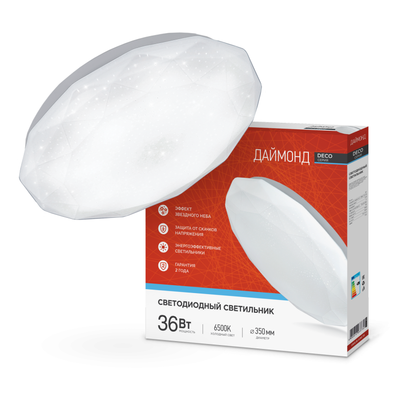 картинка Светильник светодиодный серии DECO ДАЙМОНД 36Вт 230В 6500К 3240Лм 380х55мм IN HOME