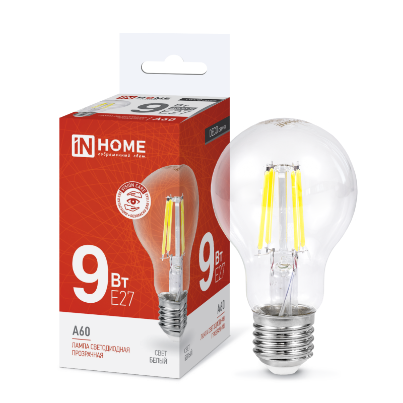картинка Лампа светодиодная LED-A60-deco 9Вт 230В Е27 4000К 1040Лм прозрачная IN HOME