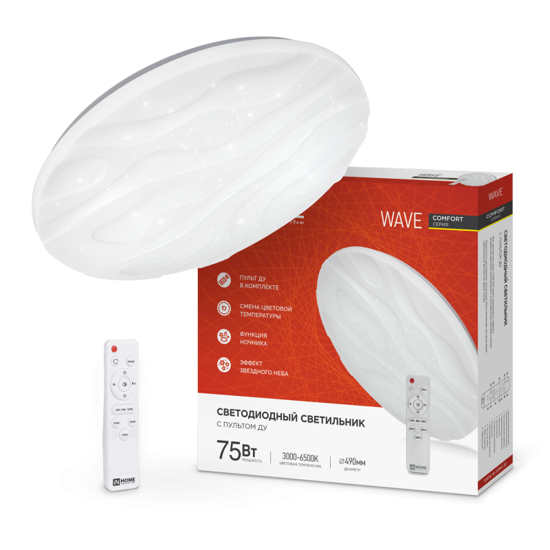 картинка Светильник светодиодный COMFORT WAVE 75Вт 230В 3000-6500K 6000Лм 490x85мм с пультом ДУ IN HOME