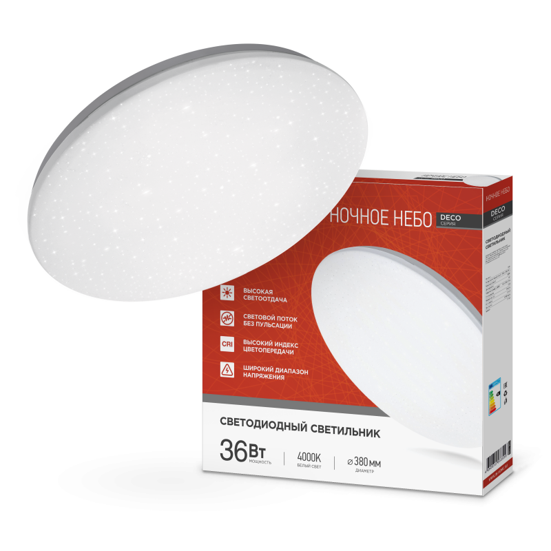 картинка Светильник светодиодный серии DECO НОЧНОЕ НЕБО 36Вт 230В 4000К 3240Лм 380х55мм IN HOME