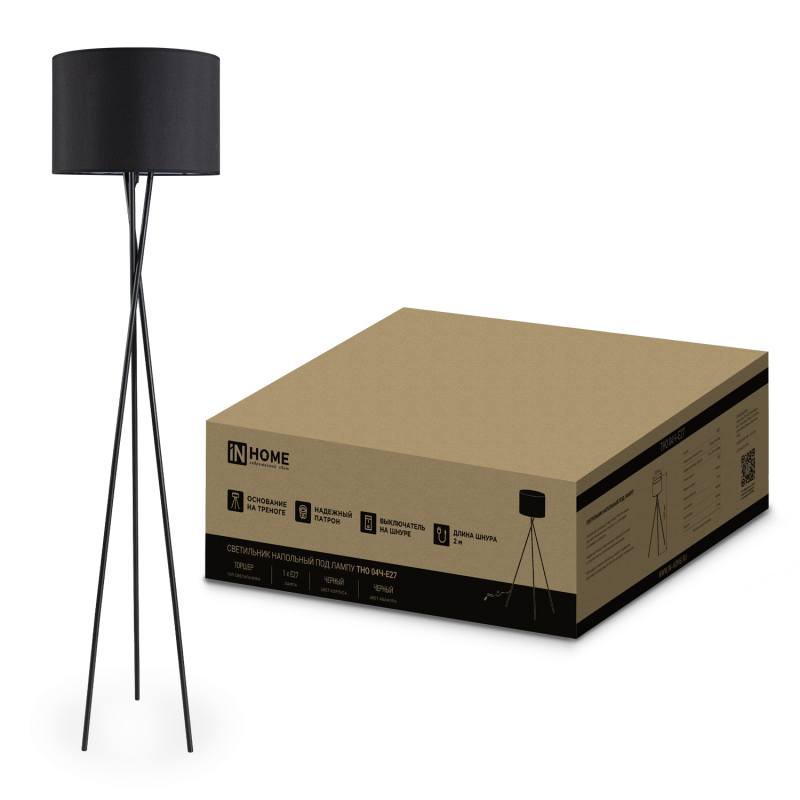 картинка Светильник напольный под лампу ТНО 04-Е27Ч 230В черный абажур, черная тренога IN HOME