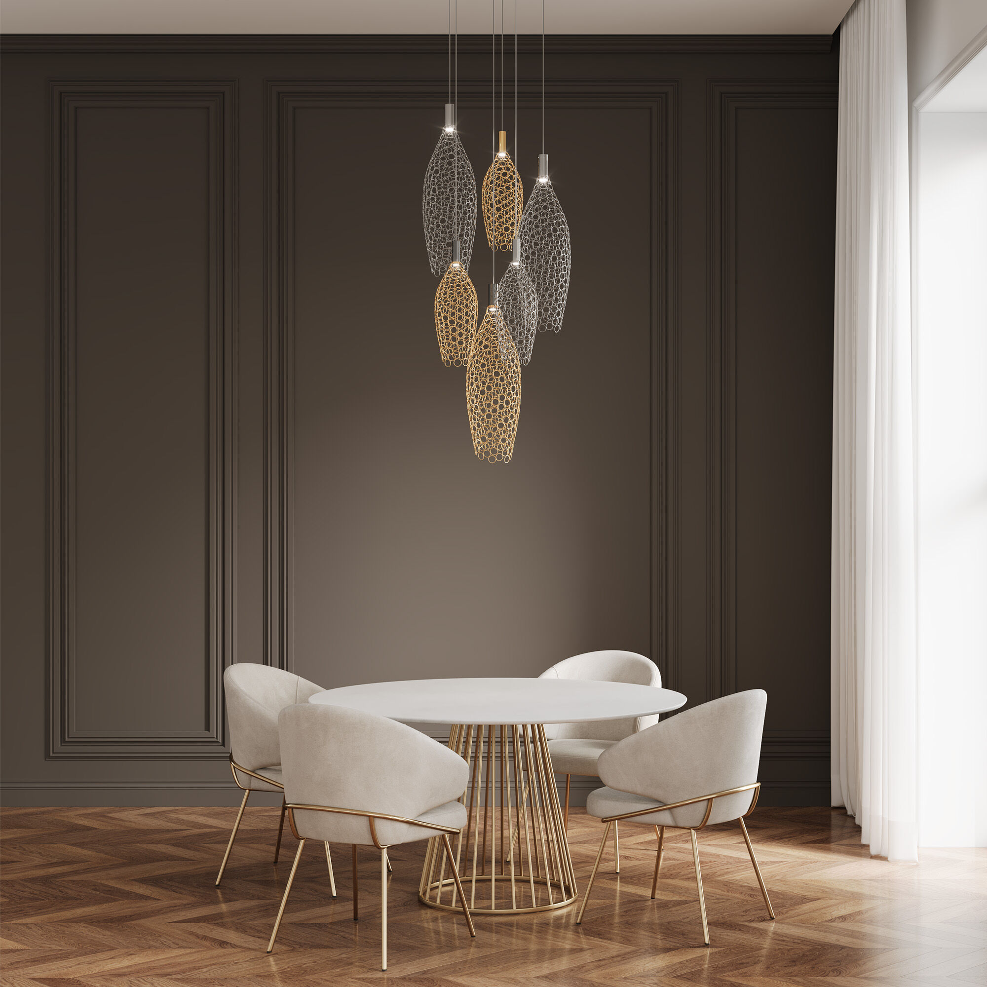 картинка Подвесной светодиодный светильник с металлическими плафонами 90352/6 золото/хром