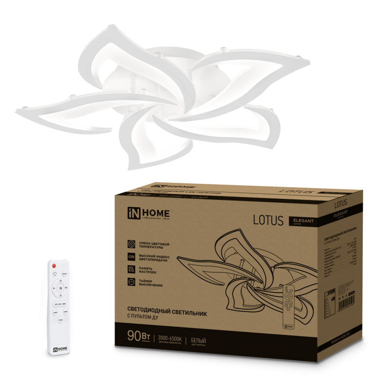 картинка Светильник светодиодный ELEGANT LOTUS 90Вт 230В 3000-6500K 590х570х90мм c пультом ДУ белый IN HOME