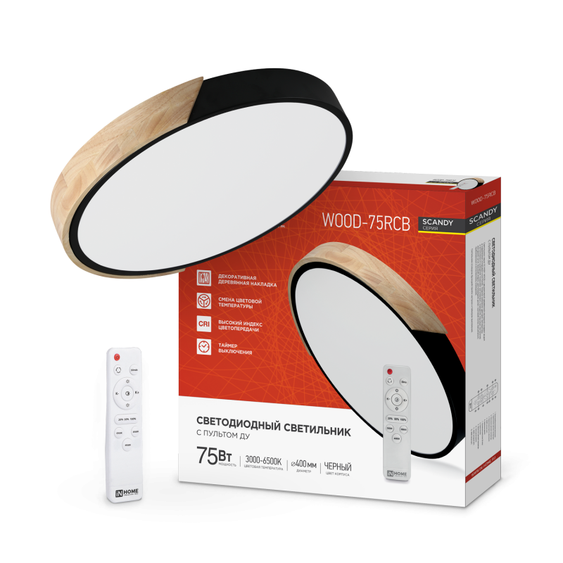 картинка Светильник светодиодный SCANDY SIMPLE-75RCB 75Вт 230В 3000-6500K 6000Лм 400x50мм с пультом ДУ черный IN HOME