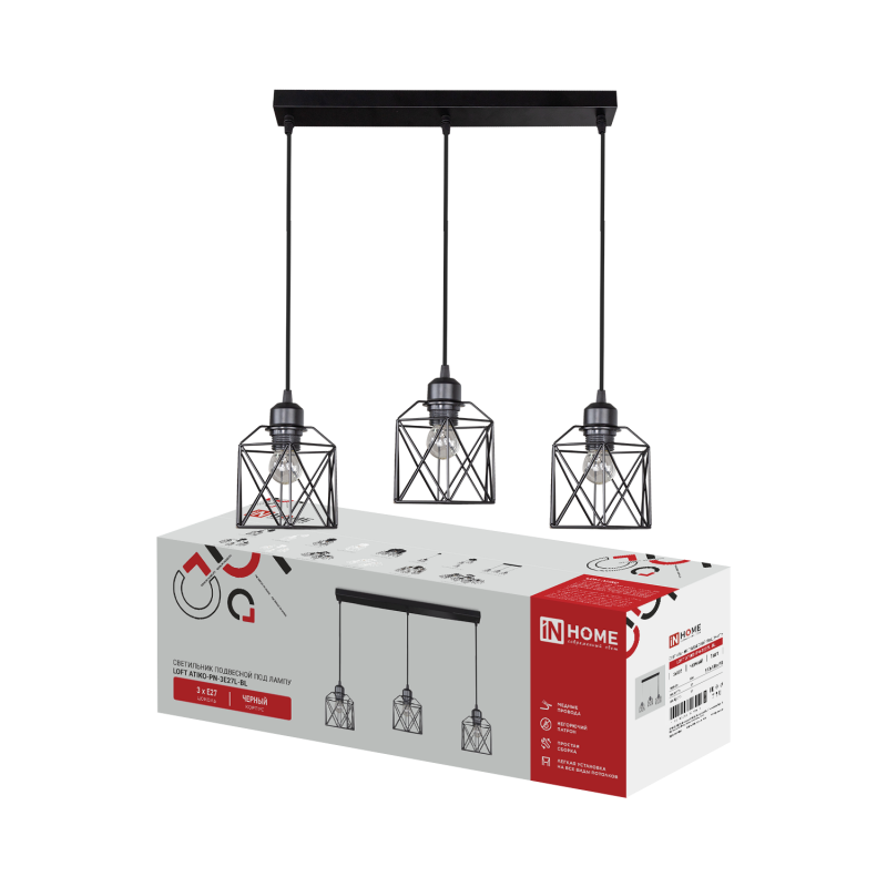 картинка Светильник подвесной под лампу LOFT ATIKO-PN-3E27L-BL 3хЕ27 подвес 1м линейная база черный IN HOME