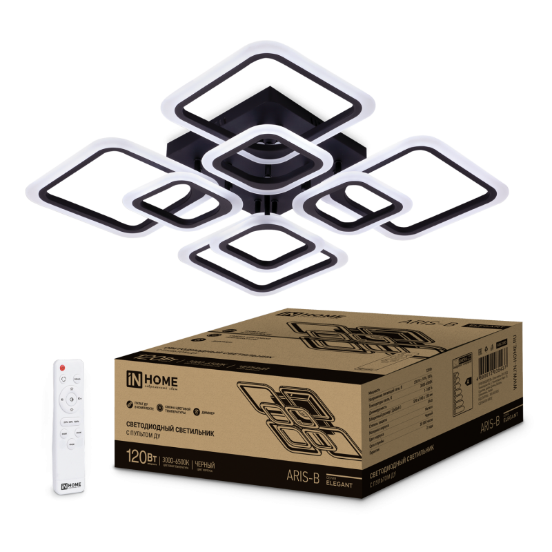 картинка Светильник светодиодный ELEGANT ARIS-B 120Вт 230В 3000-6500K 590х590х130мм c пультом ДУ черный IN HOME